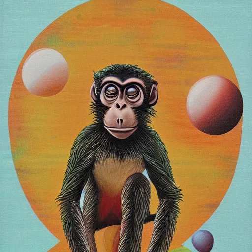 Prompt: a hybrid of monkey with an extraterrestrial landing in mars in a multi color balon, by francis bancon