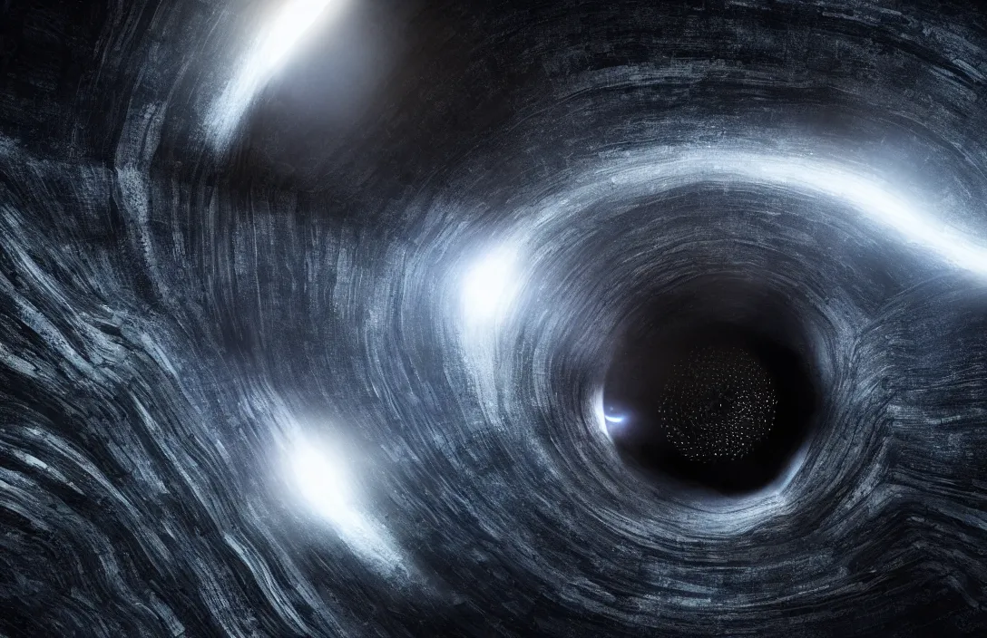 Image similar to black hole collapses into stability ; halls of space by ben wanat ; interstellar black hole ; surrealism ; digital art ; final cinema cut ; 8 k render ; 1 2 k 8 k ; ultra rich detail 1 0 0 0 hour render