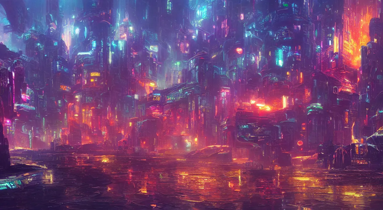 Image similar to a Stunning oil painting of A Great cyberpunk city on the sea by Paul Lehr,concept art,Retro colour,hyper detailed,8K Resolution