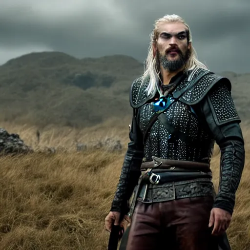 Prompt: Jason Momoa as Geralt of Rivia, from Witcher (2021), medium shot, high-quality photo,
