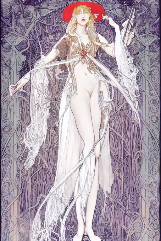 Image similar to Character design of a pure white witch in big witch‘s hat and cape from the Garden of Eden by mucha and range murata