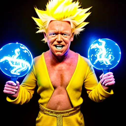 Image similar to uhd candid photo of alex e. jones as a super sayian, glowing, global illumination, studio lighting, radiant light, detailed, correct face, elaborate intricate costume. photo by annie leibowitz