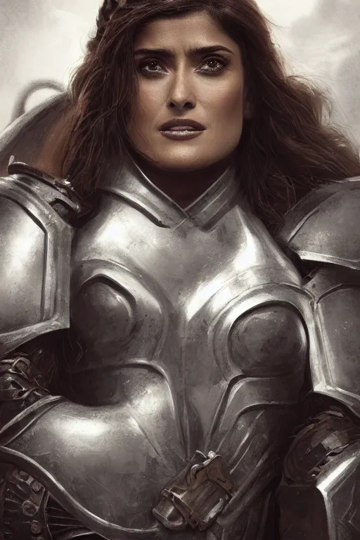 Image similar to portrait, Salma Hayek , barbarian , dressed in steel armor, face portrait, raphael lacoste, eddie mendoza, alex ross, concept art, matte painting, highly detailed, rule of thirds, dynamic lighting, cinematic, detailed, denoised, centred