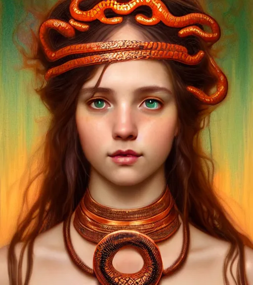 Image similar to portrait of teenage medusa, snake hair, naughty smile, wearing an embroidered orange tunic, intricate, elegant, copper and emerald jewelry, glowing lights, highly detailed, digital painting, artstation, concept art, smooth, sharp focus, seductive, illustration, art by wlop, mucha, artgerm, and greg rutkowski