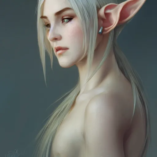 Image similar to portrait of gorgeous elf, thorn crown, small ears, headshot, pale skin, 4k, rule of thirds, extreme detail, detailed drawing, trending artstation, hd, fantasy, D&D, realistic lighting, by Alphonse Mucha, Greg Rutkowski, sharp focus, backlit, bright white hair, elegant