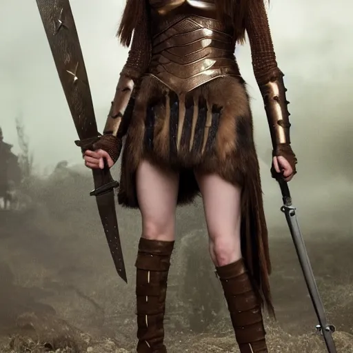 Image similar to full body photo of karen gillan as a valkyrie warrior with weapons