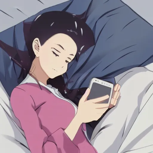 Image similar to girl in bed with phone in her hand before going to sleep, 2 d modern anime style