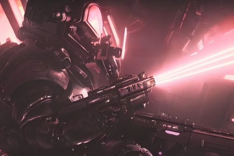 Image similar to VFX movie of a futuristic inhuman alien spacemarines in future spaceship, firing gun at space pirates detailed creature skin neon lighting by Emmanuel Lubezki