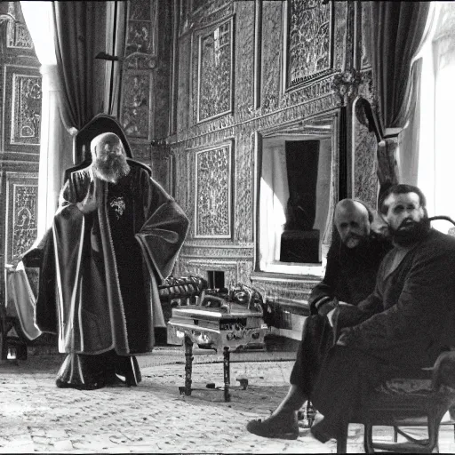 Image similar to ivan the terrible in his palace in moscow talks with iron man, kodak, old photo, black and white, film, wide lens, 1 6 mm,