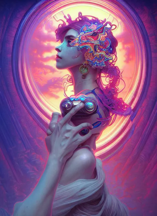 Prompt: hyper detailed ultra sharp of a beautiful necromancer girl. trending on artstation, vaporwave aesthetic, synthwave, colorful, psychedelic, ornate, intricate, digital painting, concept art, smooth, sharp focus, illustration, art by artgerm and greg rutkowski and alphonse mucha, 8 k