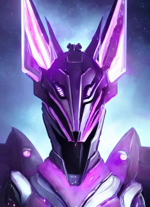 Image similar to cinematic close shot, cosmic sized proportional stunning beautiful hot female warframe, detailed sleek robot mecha female dragon head, metal ears glowing purple oled eyes, mawshot, sleek silver armor, floating in empty space, nebula sized, epic proportions, epic size, epic scale, furry art, dragon art, giantess art, warframe fanart, furaffinity, deviantart