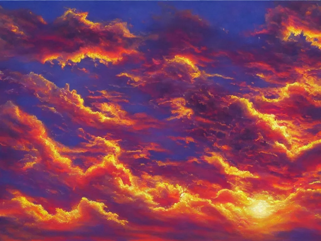 Image similar to A dragon made of rubies and gold flying in sunset clouds, realistic oil painting