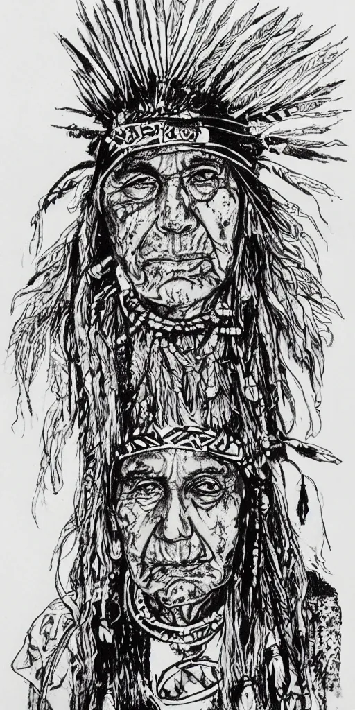 Image similar to a detailed loose wild messy ink sketch portrait of a Native American shaman in the style of Ralph Steadman, caricature, dramatic