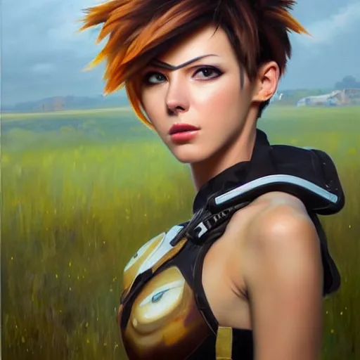 Image similar to oil painting of tracer overwatch in a field, in style of mark arian, expressive face, very detailed face, wearing large detailed black collar, very detailed eyes, full body, feminine face, detailed makeup on eyes,