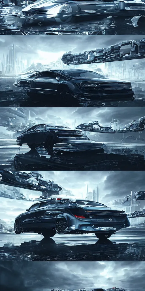 Image similar to sci-fi 3d car and wall structure car, in the coronation of napoleon painting, and digital billboard in the middle, octane render pinterest keyshot product render, water reflections gloss shiny in luquid