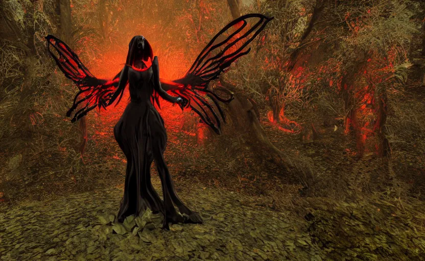 Prompt: Female dark angel in gothic red and black dress, their black wings are extended. She is in the bioluminescent forest. Horror scene, highly detailded. Bronze statue, unreal engine