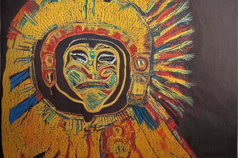 Prompt: 'Dawn of the Aztec godly lights' acrylic on hide, private collection, masterpiece