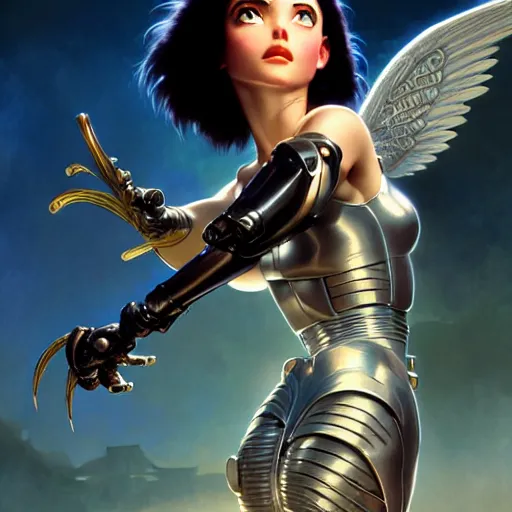 Image similar to battle angel Alita, dark fantasy, medium shot, intricate, elegant, highly detailed, digital painting, volumetric light, artstation, concept art, smooth, sharp focus, illustration, art by Gil Elvgren and Greg Rutkowski and Alphonse Mucha