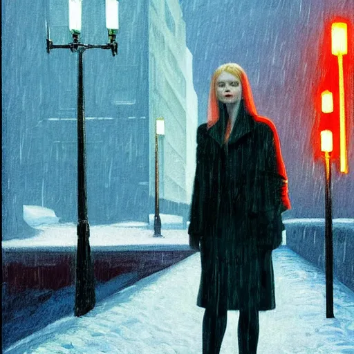 Prompt: Elle Fanning covered in blood in the world of Edward Hopper, stormy snowy weather, streetlights, extremely detailed masterpiece, oil on canvas, low-key neon lighting, artstation, Blade Runner 2049, Roger Deakin’s cinematography, by J. C. Leyendecker and Peter Paul Rubens,