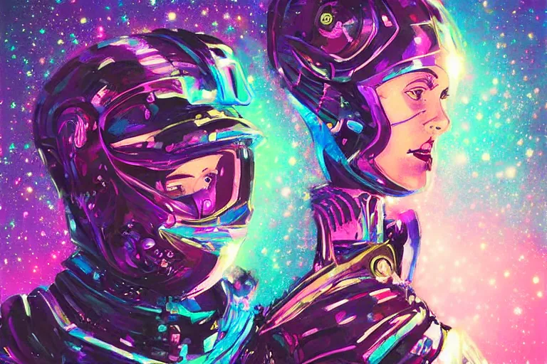 Image similar to digital art of a beautiful princess wearing suit of armor looking up at the stars, acrylic art, universe, painting, pastel colors, synthwave, retro, cyberpunk,