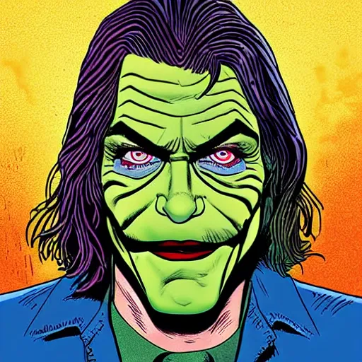 Prompt: dynamic macro head portrait of kurt cobain as the joker in by john romita sr and cory walker and ryan ottley and jack kirby and barry windsor - smith, comic, illustration, photo real