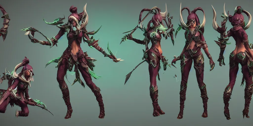 Image similar to character sheet of elderwood akali ( league of legends ). hyperreal 3 d octane render 8 k