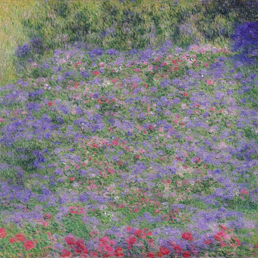 Prompt: a gorgeous garden on the edge of a cliff filled with beautiful flowers of blue and violet and pink, monet