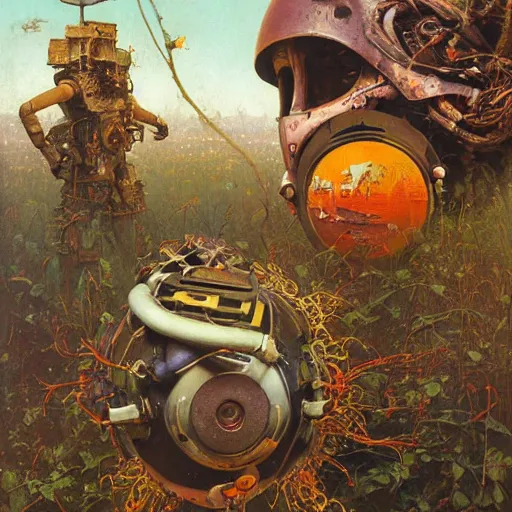 Prompt: junky flower, cybertronic gadgets and vr helmet, durty colours, rotten textures, rusty shapes, biotechnology, norman rockwell, tim hildebrandt, dariusz zawadzki, bruce pennington, larry elmore, hyperrealistic oil painting on canvas, deep depth field, masterpiece, cinematic composition, hyper - detailed