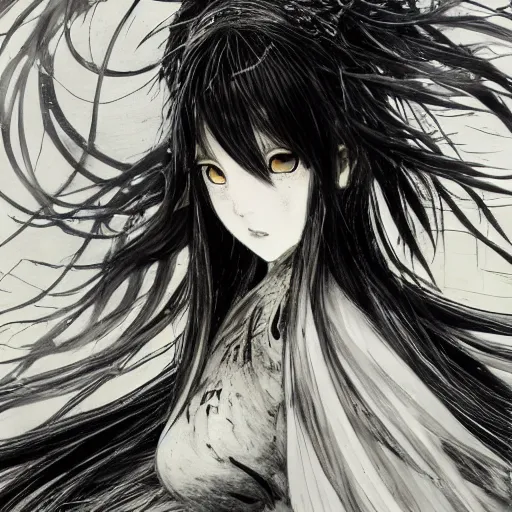 Image similar to Yoshitaka Amano blurred and dreamy illustration of an anime girl with black eyes, wavy white hair and cracks on her face wearing elden ring armour with the cape fluttering in the wind, abstract black and white patterns on the background, noisy film grain effect, highly detailed, Renaissance oil painting, weird portrait angle, three quarter view, head tilted to the side, 1990s jrpg cover