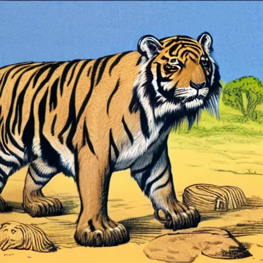 Image similar to sabertooth tiger with large tusks drawn like a BAYC NFT, illustrated style