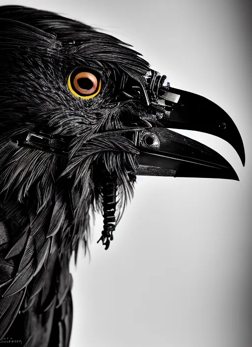 Image similar to a stunning young female crow mixed cyborg profile face, face is made intricate tribal bio - mechanical, editorial photography, bw, shot on 7 0 mm, depth of field, f / 2. 8, high contrast, 1 6 k, volumetric lighting, shiny, insanely detailed and intricate, hypermaximalist, elegant, ornate, hyper realistic, super detailed