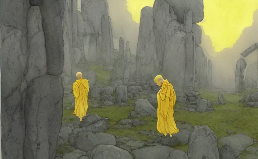 Prompt: a hyperrealist anime watercolor fantasy concept art of a giant monk with a grey robe and a small grey alien with a yellow robe in stonehenge on a misty night. several immense stones are floating in the air. by rebecca guay, michael kaluta, charles vess