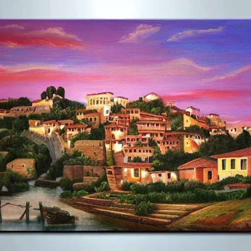 Prompt: roman village on a steep hill during sunset, lake view, ultra realistic painting, oil paint, dramatic lighting