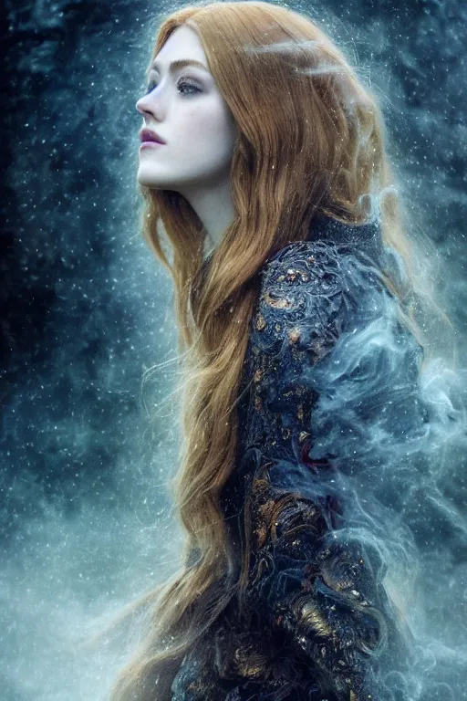 Prompt: majestic and regal portrait of katherine mcnamara, intricate, epic, elegant, menacing, fantasy, highly detailed, digital painting, hard focus, beautiful volumetric lighting, epic light, ultra detailed, horror, souls, ghosts, smoke by leesha hannigan, ross tran, thierry doizon, kai carpenter, ignacio fernandez rios