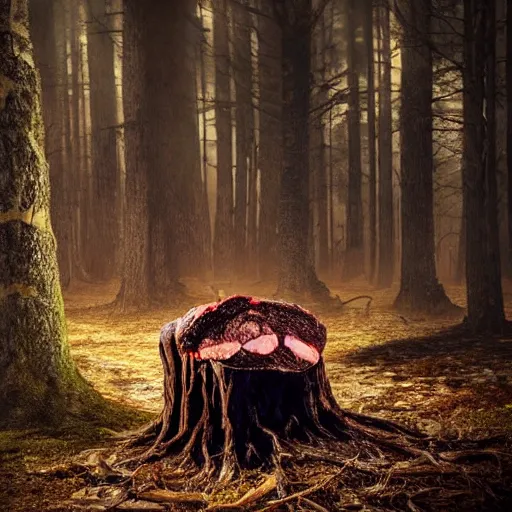 Prompt: big fat butcher with a scary face chops a piece of meat on the stump in a dark forest, night scene, old photo, scary, creepy, terrible atmosphere