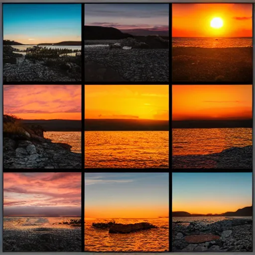 Prompt: a sunset split into a grid of 16 frames with the sunset progressing in each frame