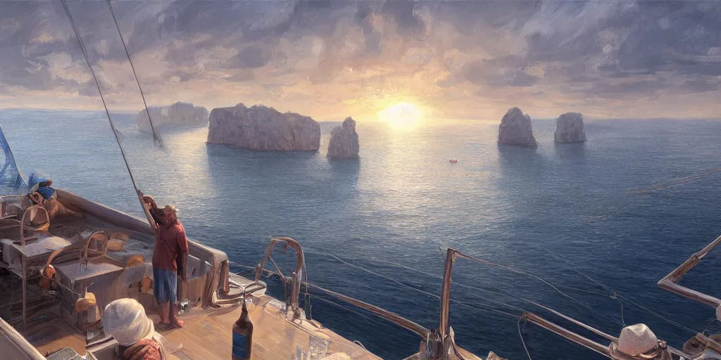 Prompt: looking out a boat window on the water, low angle from water pov, wide angle, sunset, a mediterranean phoenician fishing village in the distance, over a chalk cliff, highly detailed, digital painting, artstation, concept art, sharp focus, illustration, art by artgerm and greg rutkowski and raphael lacoste and magali villeneuve