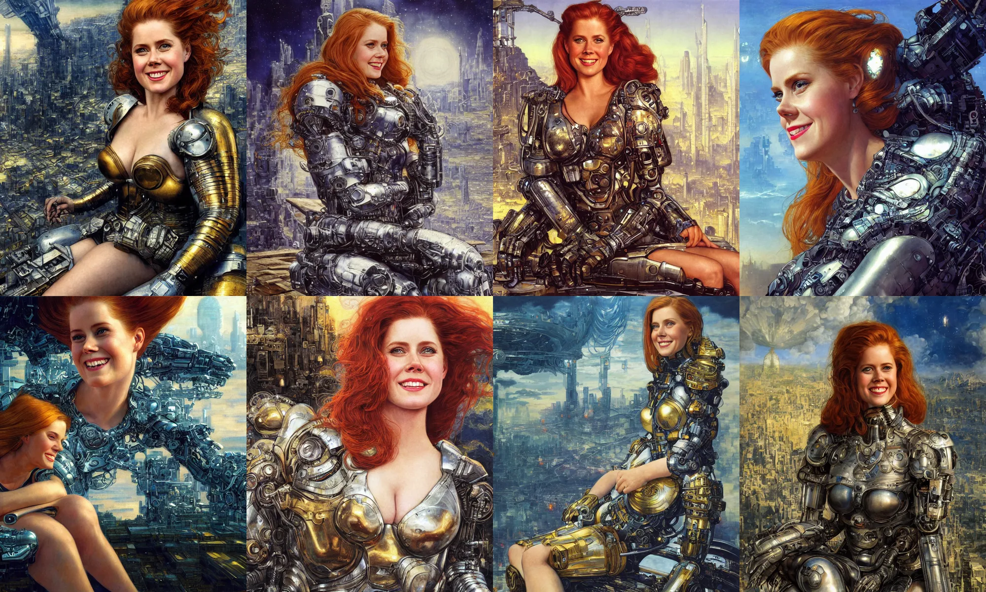 Image similar to close - up portrait of epic young amy adams smiling into camera, intricate cyborg armor, sitting on a bench, vista of futuristic city, windy, golden hour, wlop, by gerald brom, by mikhail vrubel, by peter elson, extreme detail, trending on artstation