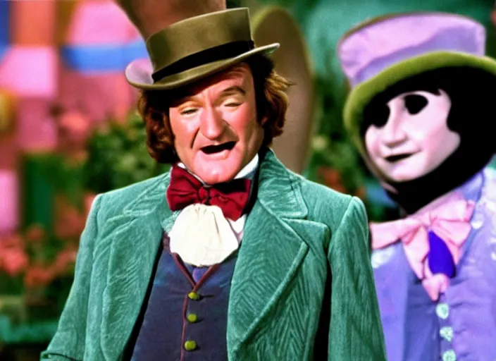 Image similar to film still of Robin Williams as Willy Wonka in Willy Wonka and the Chocolate Factory 1971