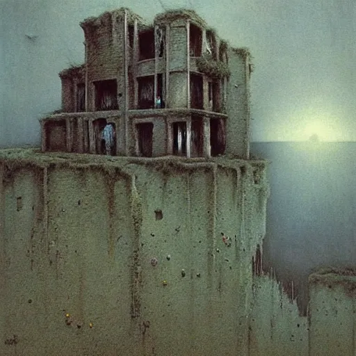 Prompt: creepy mansion hanging off a cliff, scary, horror, vibrant colors, painting by Beksinski