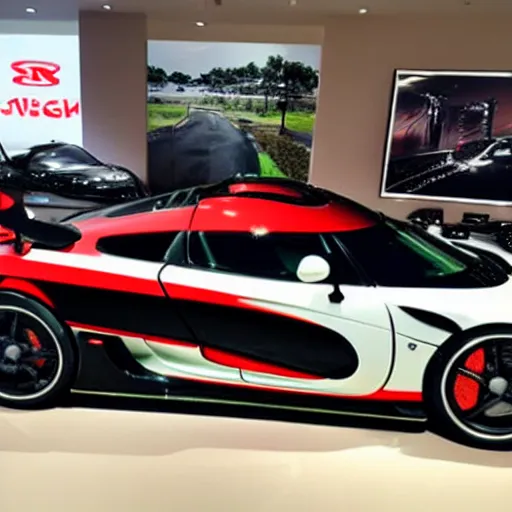 Image similar to a Koenigsegg Agera R with a anime livery in a showroom