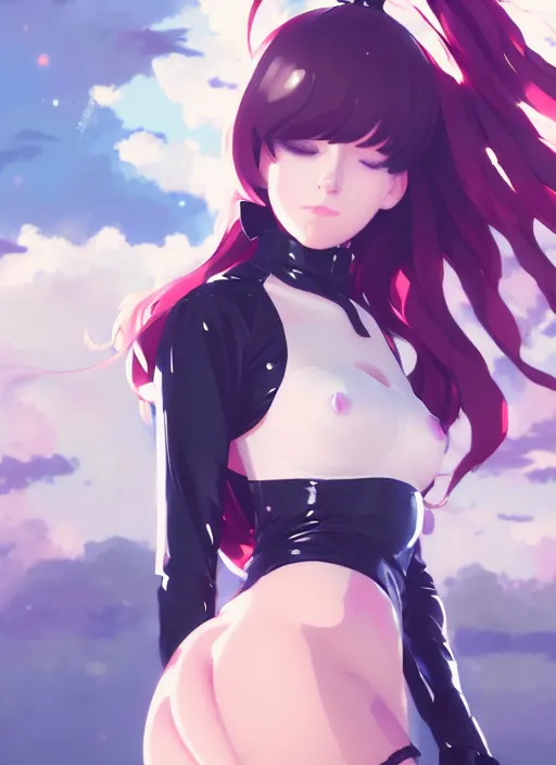 Prompt: portrait of cute girl in latex clothes, cloudy sky background lush landscape illustration concept art anime key visual trending pixiv fanbox by wlop and greg rutkowski and makoto shinkai and studio ghibli and kyoto animation