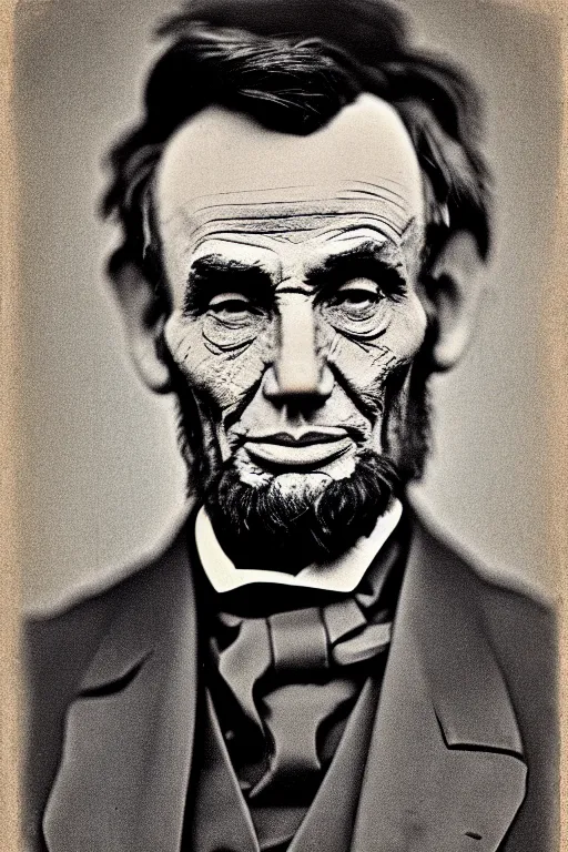 Prompt: Abraham Lincoln smiling, portrait, full body, symmetrical features, silver iodide, 1880 photograph, sepia tone, aged paper, Sergio Leone, Master Prime lenses, cinematic