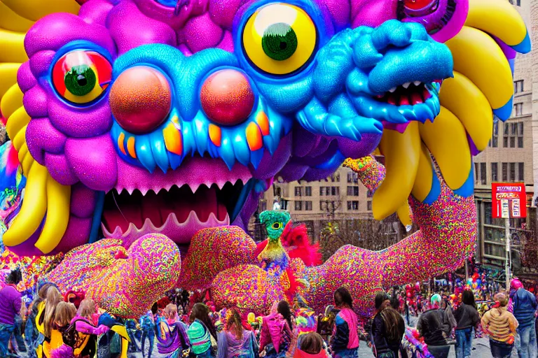 Prompt: photo of giant colorful beautiful elaborate parade float monster creature designed by lisa frank and geof darrow, in the macys parade, detailed 4 k photo, gigapixel, hyperdetailed