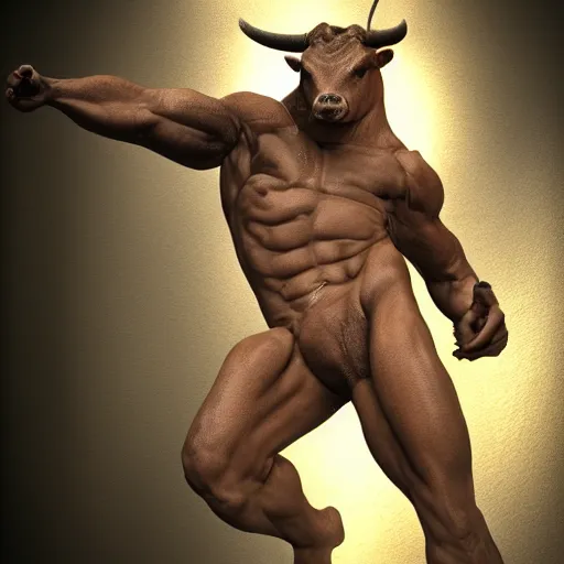 Prompt: a photo of a realistic minotaur, highly detailed, translucent skin, realistic, cinematic lighting, portrait