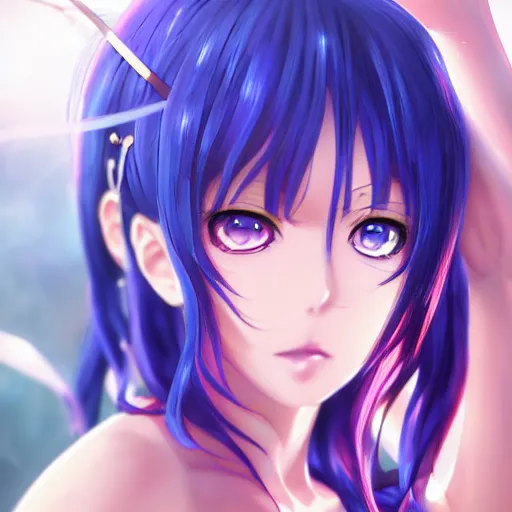 Image similar to anime portrait of Byoru as an anime girl, Bikini, Violet Hair, blue eyes, by Stanley Artgerm Lau, WLOP, Rossdraws, James Jean, Andrei Riabovitchev, Marc Simonetti, and Sakimichan, trending on artstation