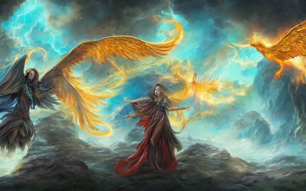 Image similar to epic magic, a phoenix in the air, mystical energy in the air, d & d fantasy digital painting, hd, 4 k, 8 k