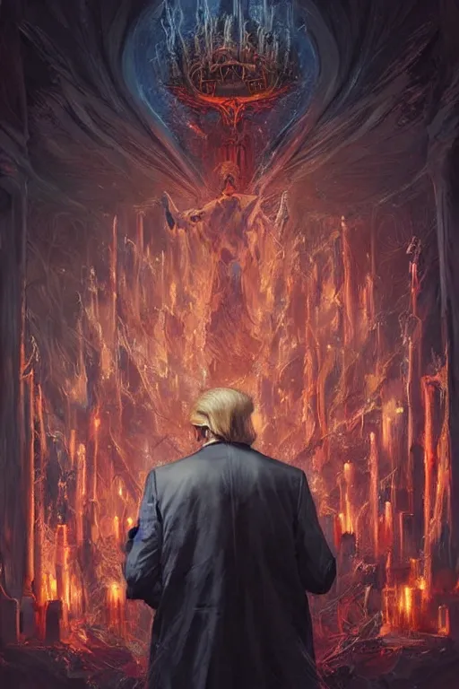 Image similar to Donald Trump praying to the Dark Gods at the unholy temple of DarkMAGA, highly detailed, digital art by Ross Tran and Greg Rutkowski