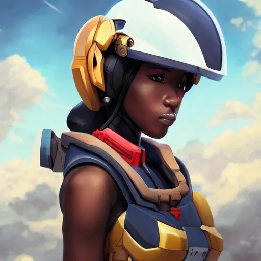 Image similar to portrait cartoon manga anime render of a strikingly gorgeous nigerian 👩🏿, wearing an intricate gundam pilot helmet, rossdraws, artgerm, norman rockwell, emiliano ponzi, epic composition, hd, octane, unreal engine, volumetric lighting, light rays, masterpiece, award - winning