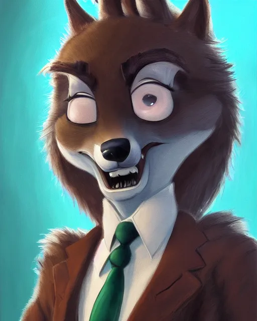 Image similar to oil painting of anthromorphic female wolf, in style of cory loftis, fursona, furry, furaffinity, 4 k, deviantart, furry art, fursona art, wearing black business suit, business suit, in style of zootopia, wolf fursona, cyberpunk, female, very very very expressive detailed feminine face,